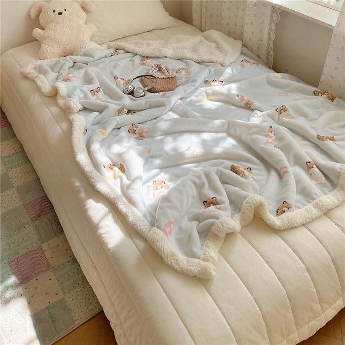 91家纺网 家纺一手货源 找家纺 葡萄家 2025新款A类ins小清新少女可爱奶油猫咪卡通加厚牛奶绒羊羔绒多功能毛毯毯子 绒毛毯-MT蓝色公主猫