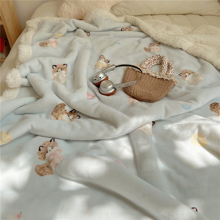 91家纺网 家纺一手货源 找家纺 葡萄家 2025新款A类ins小清新少女可爱奶油猫咪卡通加厚牛奶绒羊羔绒多功能毛毯毯子 绒毛毯-MT蓝色公主猫