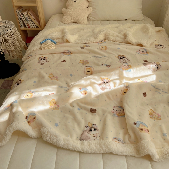 91家纺网 家纺一手货源 找家纺 葡萄家 2025新款A类ins小清新少女可爱奶油猫咪卡通加厚牛奶绒羊羔绒多功能毛毯毯子 绒毛毯-MT公主喵