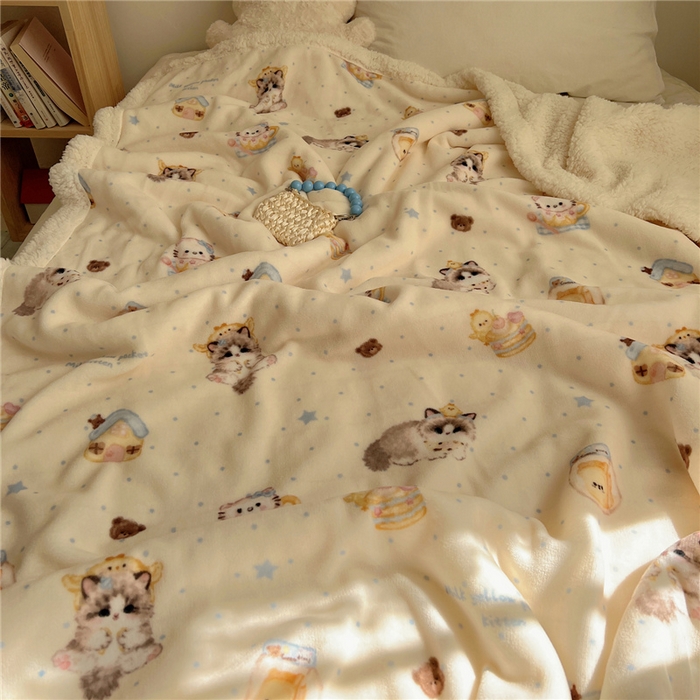 91家纺网 家纺一手货源 找家纺 葡萄家 2025新款A类ins小清新少女可爱奶油猫咪卡通加厚牛奶绒羊羔绒多功能毛毯毯子 绒毛毯-MT公主喵