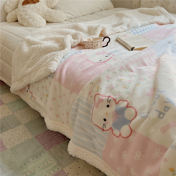 91家纺网 家纺一手货源 找家纺 葡萄家 2025新款A类ins小清新少女可爱奶油猫咪卡通加厚牛奶绒羊羔绒多功能毛毯毯子 绒毛毯-MT花小猫