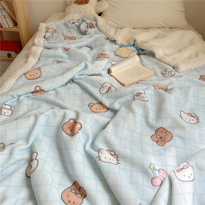 91家纺网 家纺一手货源 找家纺 葡萄家 2025新款A类ins小清新少女可爱奶油猫咪卡通加厚牛奶绒羊羔绒多功能毛毯毯子 绒毛毯-MT蓝格熊兔