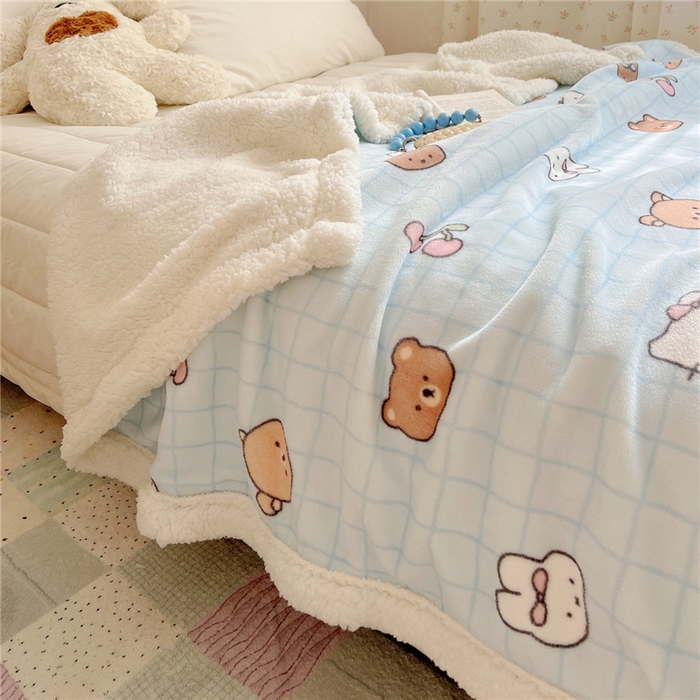 91家纺网 家纺一手货源 找家纺 葡萄家 2025新款A类ins小清新少女可爱奶油猫咪卡通加厚牛奶绒羊羔绒多功能毛毯毯子 绒毛毯-MT蓝格熊兔