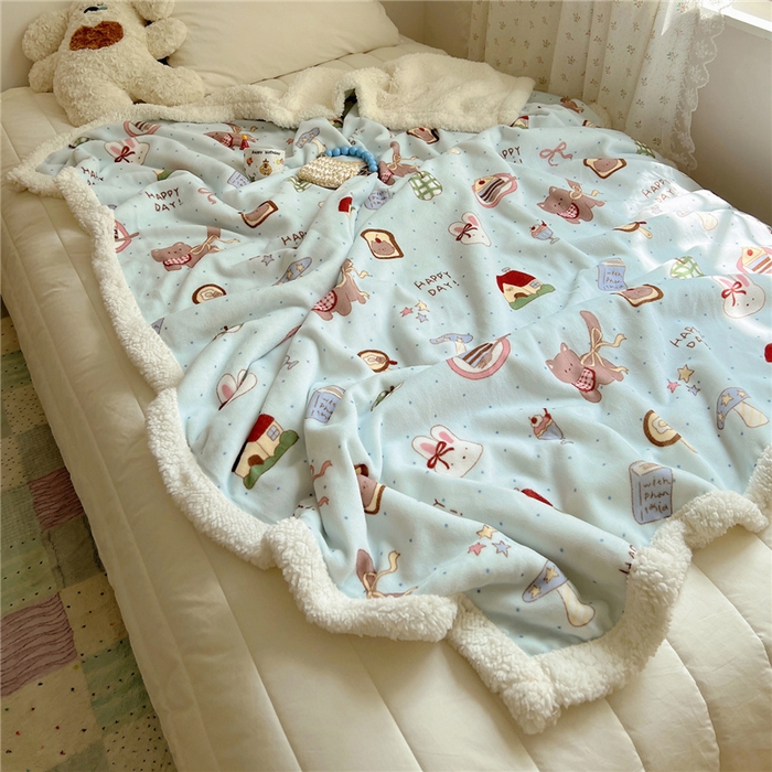 91家纺网 家纺一手货源 找家纺 葡萄家 2025新款A类ins小清新少女可爱奶油猫咪卡通加厚牛奶绒羊羔绒多功能毛毯毯子 绒毛毯-MT蓝色日记