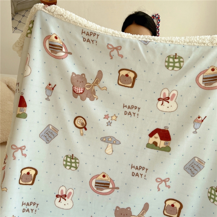 91家纺网 家纺一手货源 找家纺 葡萄家 2025新款A类ins小清新少女可爱奶油猫咪卡通加厚牛奶绒羊羔绒多功能毛毯毯子 绒毛毯-MT蓝色日记