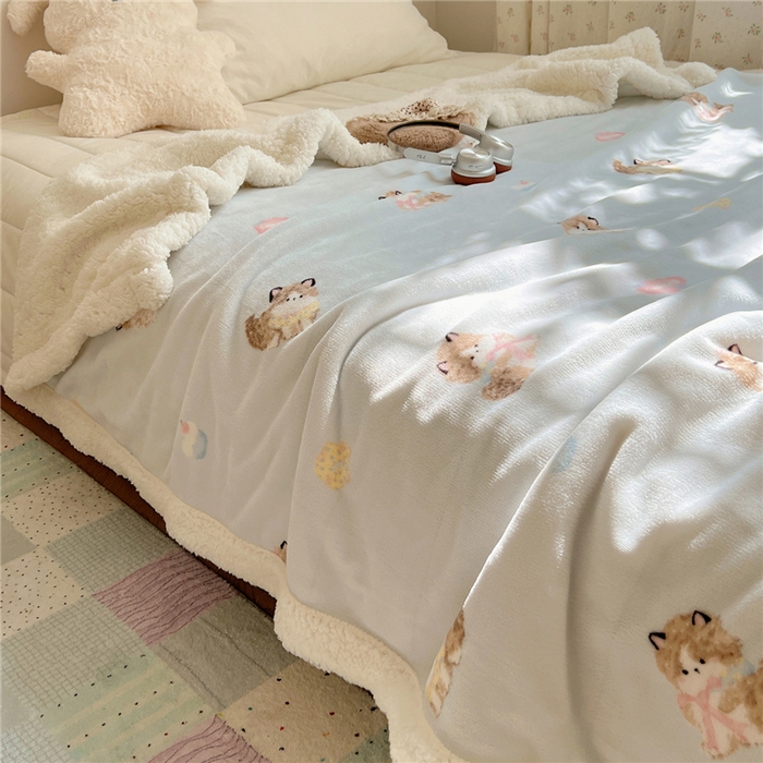 91家纺网 家纺一手货源 找家纺 葡萄家 2025新款A类ins小清新少女可爱奶油猫咪卡通加厚牛奶绒羊羔绒多功能毛毯毯子 绒毛毯-MT蓝色公主猫