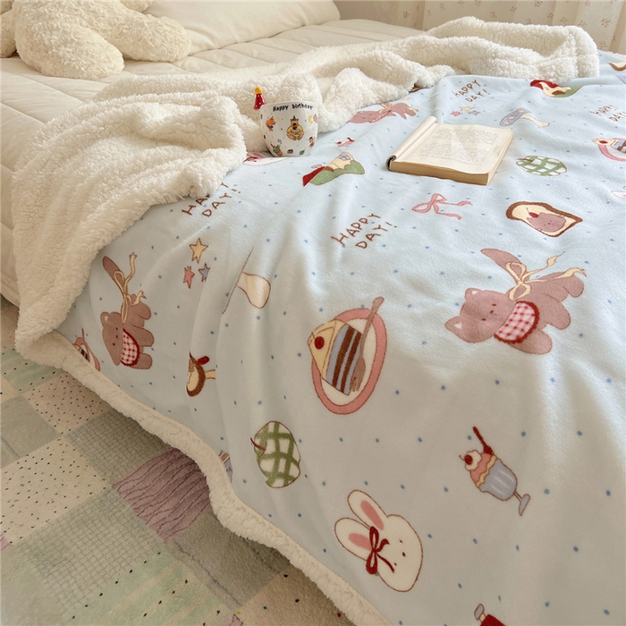 91家纺网 家纺一手货源 找家纺 葡萄家 2025新款A类ins小清新少女可爱奶油猫咪卡通加厚牛奶绒羊羔绒多功能毛毯毯子 绒毛毯-MT蓝色日记