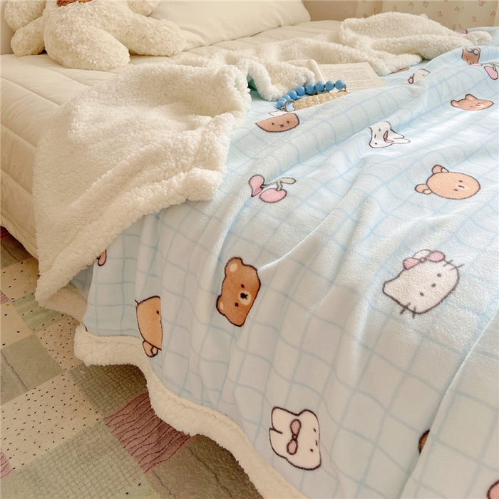 91家纺网 家纺一手货源 找家纺 葡萄家 2025新款A类ins小清新少女可爱奶油猫咪卡通加厚牛奶绒羊羔绒多功能毛毯毯子 绒毛毯-MT蓝格熊兔