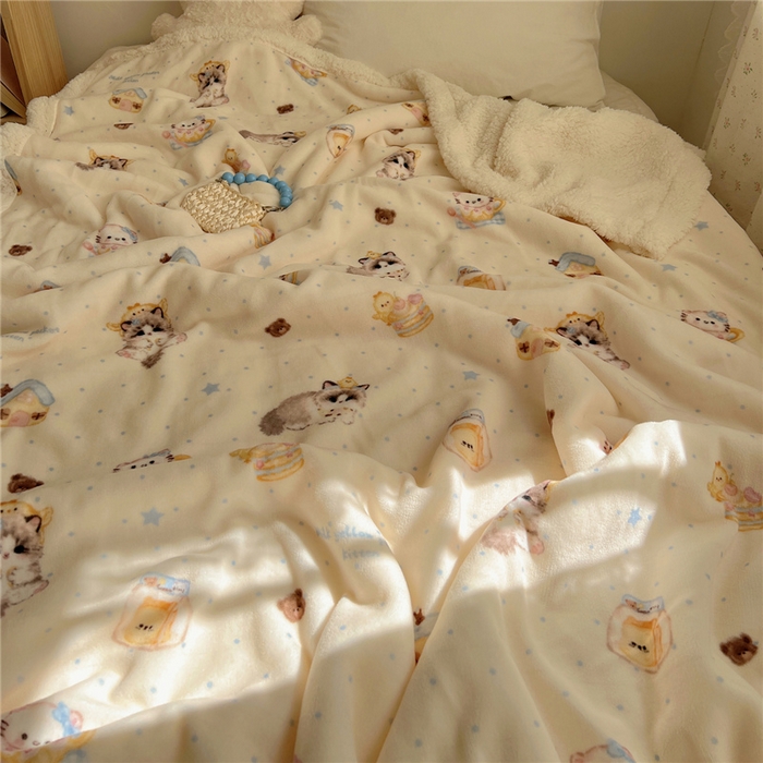 91家纺网 家纺一手货源 找家纺 葡萄家 2025新款A类ins小清新少女可爱奶油猫咪卡通加厚牛奶绒羊羔绒多功能毛毯毯子 绒毛毯-MT公主喵