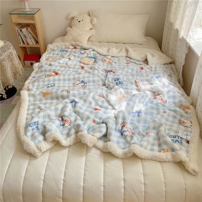 91家纺网 家纺一手货源 找家纺 葡萄家 2025新款A类ins小清新少女可爱奶油猫咪卡通加厚牛奶绒羊羔绒多功能毛毯毯子 绒毛毯-MT蓝格喵喵