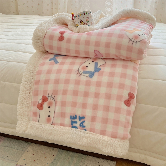 91家纺网 家纺一手货源 找家纺 葡萄家 2025新款A类ins小清新少女可爱奶油猫咪卡通加厚牛奶绒羊羔绒多功能毛毯毯子 绒毛毯-MT粉格喵喵