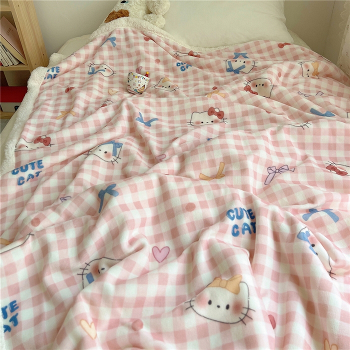 91家纺网 家纺一手货源 找家纺 葡萄家 2025新款A类ins小清新少女可爱奶油猫咪卡通加厚牛奶绒羊羔绒多功能毛毯毯子 绒毛毯-MT粉格喵喵