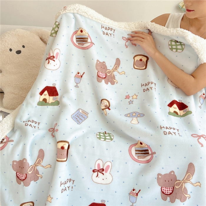 91家纺网 家纺一手货源 找家纺 葡萄家 2025新款A类ins小清新少女可爱奶油猫咪卡通加厚牛奶绒羊羔绒多功能毛毯毯子 绒毛毯-MT蓝色日记