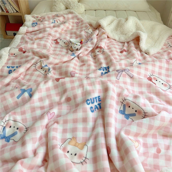 91家纺网 家纺一手货源 找家纺 葡萄家 2025新款A类ins小清新少女可爱奶油猫咪卡通加厚牛奶绒羊羔绒多功能毛毯毯子 绒毛毯-MT粉格喵喵