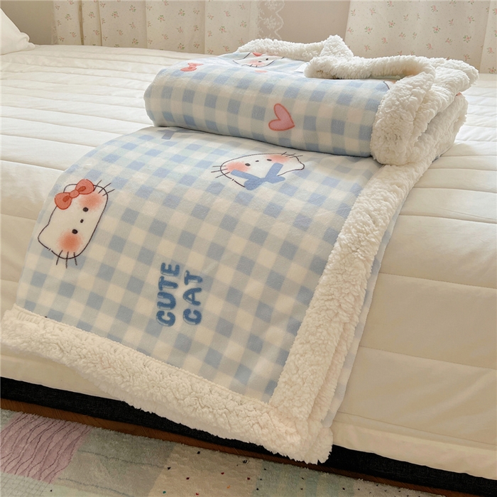 91家纺网 家纺一手货源 找家纺 葡萄家 2025新款A类ins小清新少女可爱奶油猫咪卡通加厚牛奶绒羊羔绒多功能毛毯毯子 绒毛毯-MT蓝格喵喵
