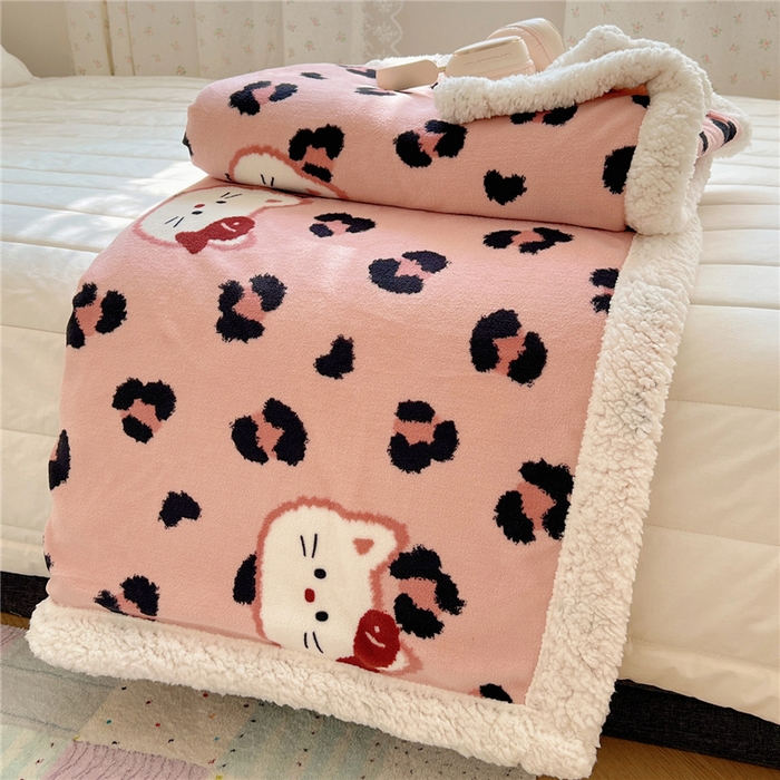 91家纺网 家纺一手货源 找家纺 葡萄家 2025新款A类ins小清新少女可爱奶油猫咪卡通加厚牛奶绒羊羔绒多功能毛毯毯子 绒毛毯-MT豹纹粉猫