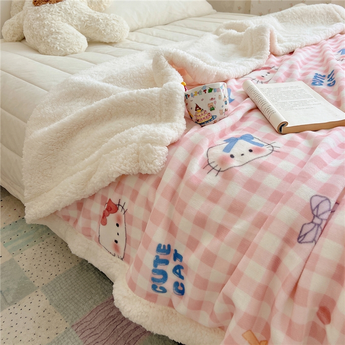 91家纺网 家纺一手货源 找家纺 葡萄家 2025新款A类ins小清新少女可爱奶油猫咪卡通加厚牛奶绒羊羔绒多功能毛毯毯子 绒毛毯-MT粉格喵喵