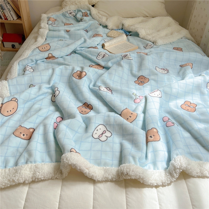 91家纺网 家纺一手货源 找家纺 葡萄家 2025新款A类ins小清新少女可爱奶油猫咪卡通加厚牛奶绒羊羔绒多功能毛毯毯子 绒毛毯-MT蓝格熊兔