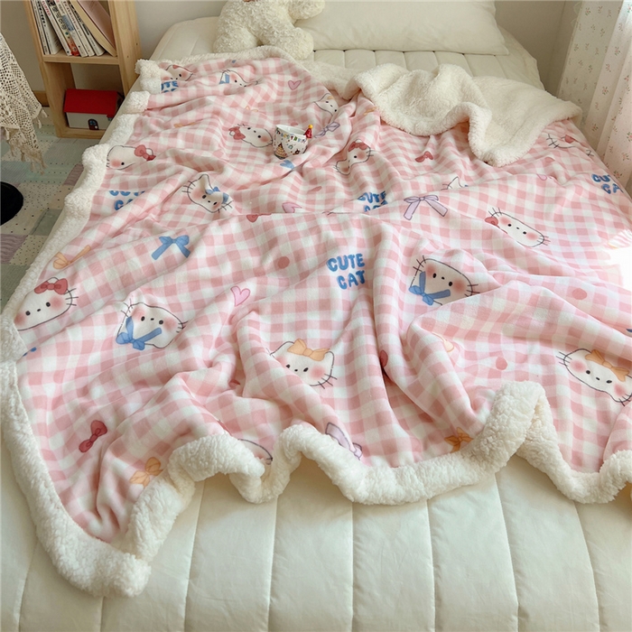 91家纺网 家纺一手货源 找家纺 葡萄家 2025新款A类ins小清新少女可爱奶油猫咪卡通加厚牛奶绒羊羔绒多功能毛毯毯子 绒毛毯-MT粉格喵喵