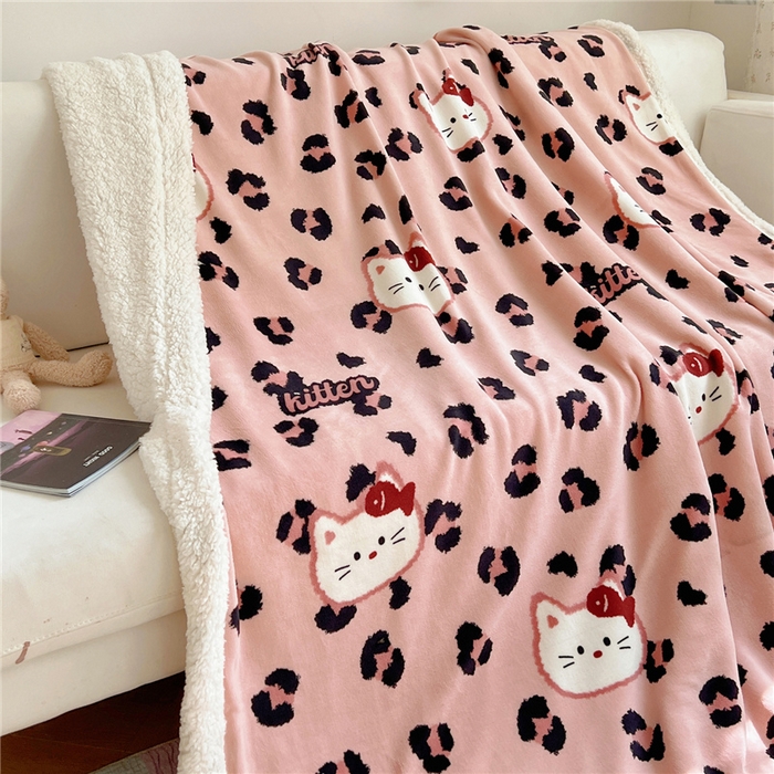 91家纺网 家纺一手货源 找家纺 葡萄家 2025新款A类ins小清新少女可爱奶油猫咪卡通加厚牛奶绒羊羔绒多功能毛毯毯子 绒毛毯-MT豹纹粉猫