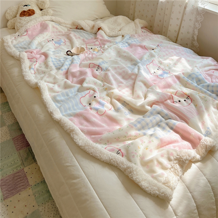 91家纺网 家纺一手货源 找家纺 葡萄家 2025新款A类ins小清新少女可爱奶油猫咪卡通加厚牛奶绒羊羔绒多功能毛毯毯子 绒毛毯-MT花小猫