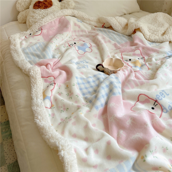 91家纺网 家纺一手货源 找家纺 葡萄家 2025新款A类ins小清新少女可爱奶油猫咪卡通加厚牛奶绒羊羔绒多功能毛毯毯子 绒毛毯-MT花小猫