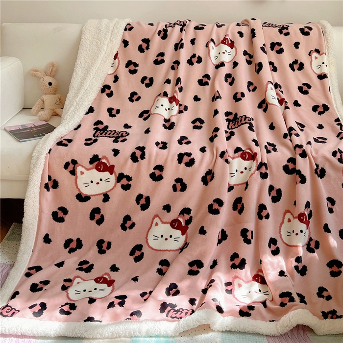 91家纺网 家纺一手货源 找家纺 葡萄家 2025新款A类ins小清新少女可爱奶油猫咪卡通加厚牛奶绒羊羔绒多功能毛毯毯子 绒毛毯-MT豹纹粉猫