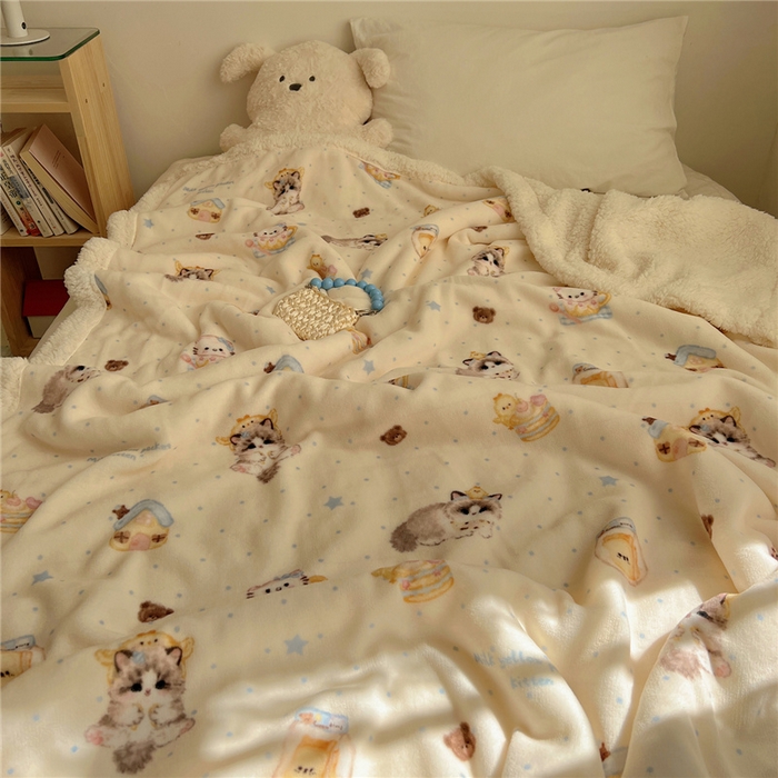 91家纺网 家纺一手货源 找家纺 葡萄家 2025新款A类ins小清新少女可爱奶油猫咪卡通加厚牛奶绒羊羔绒多功能毛毯毯子 绒毛毯-MT公主喵