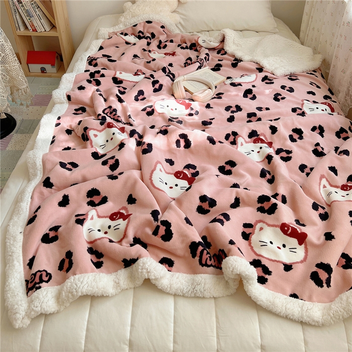 葡萄家 2025新款A类ins小清新少女可爱奶油猫咪卡通加厚牛奶绒羊羔绒多功能毛毯毯子 绒毛毯-MT豹纹粉猫