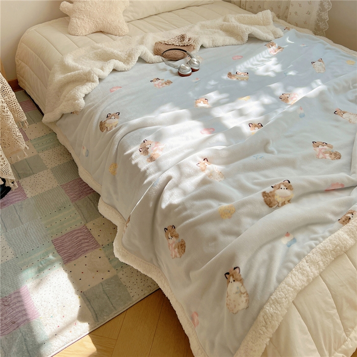 91家纺网 家纺一手货源 找家纺 葡萄家 2025新款A类ins小清新少女可爱奶油猫咪卡通加厚牛奶绒羊羔绒多功能毛毯毯子 绒毛毯-MT蓝色公主猫