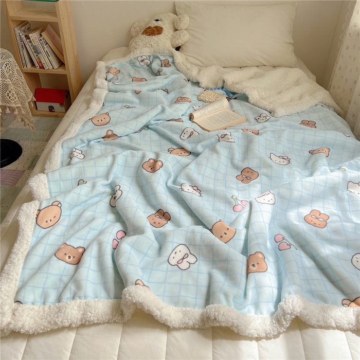 91家纺网 家纺一手货源 找家纺 葡萄家 2025新款A类ins小清新少女可爱奶油猫咪卡通加厚牛奶绒羊羔绒多功能毛毯毯子 绒毛毯-MT蓝格熊兔