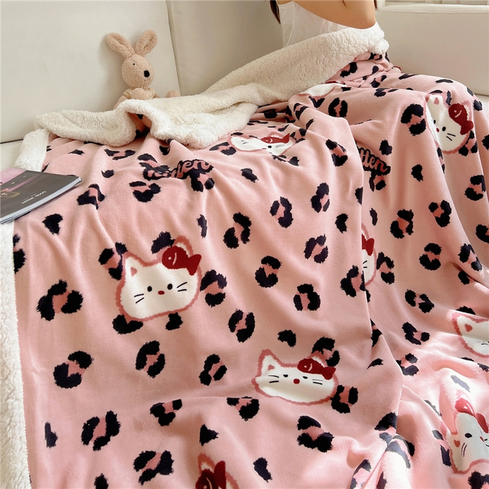 91家纺网 家纺一手货源 找家纺 葡萄家 2025新款A类ins小清新少女可爱奶油猫咪卡通加厚牛奶绒羊羔绒多功能毛毯毯子 绒毛毯-MT豹纹粉猫