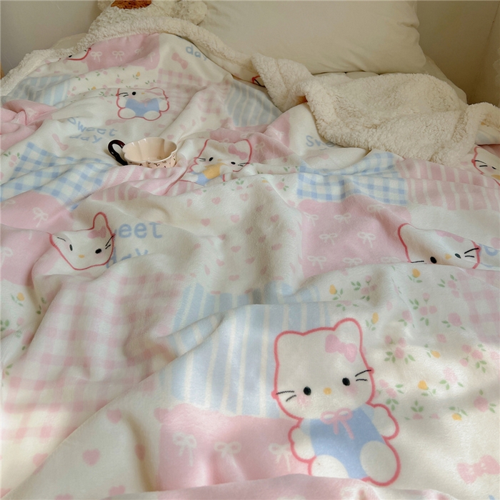 91家纺网 家纺一手货源 找家纺 葡萄家 2025新款A类ins小清新少女可爱奶油猫咪卡通加厚牛奶绒羊羔绒多功能毛毯毯子 绒毛毯-MT花小猫