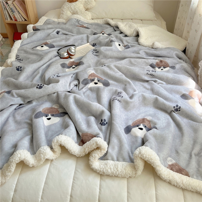 葡萄家 2025新款A类ins小清新少女可爱奶油猫咪卡通加厚牛奶绒羊羔绒多功能毛毯毯子 绒毛毯-MT灰萌狗