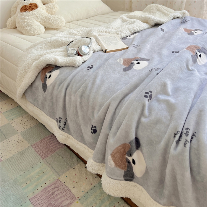 91家纺网 家纺一手货源 找家纺 葡萄家 2025新款A类ins小清新少女可爱奶油猫咪卡通加厚牛奶绒羊羔绒多功能毛毯毯子 绒毛毯-MT灰萌狗