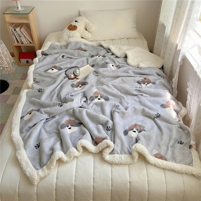 91家纺网 家纺一手货源 找家纺 葡萄家 2025新款A类ins小清新少女可爱奶油猫咪卡通加厚牛奶绒羊羔绒多功能毛毯毯子 绒毛毯-MT灰萌狗