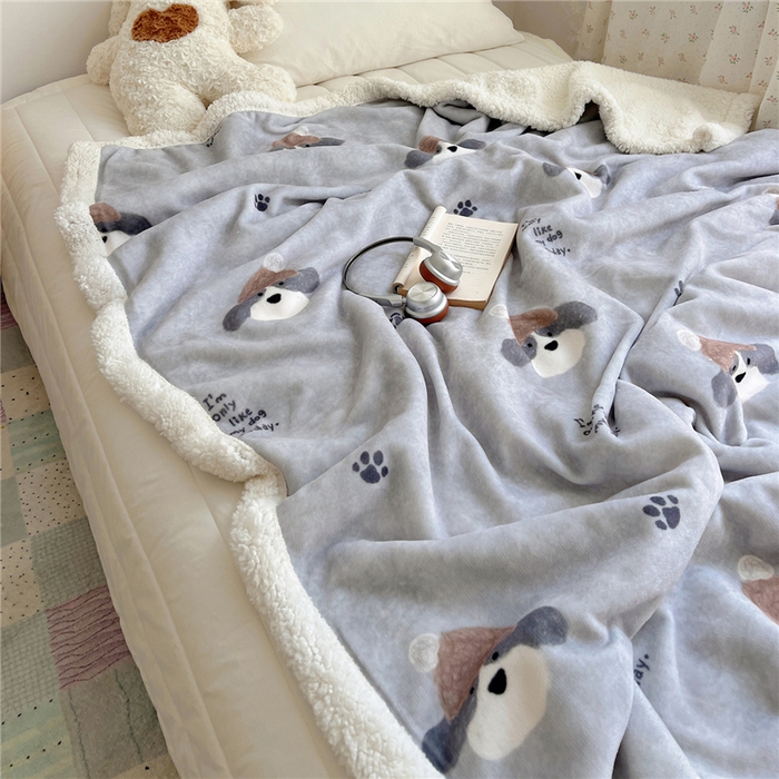 91家纺网 家纺一手货源 找家纺 葡萄家 2025新款A类ins小清新少女可爱奶油猫咪卡通加厚牛奶绒羊羔绒多功能毛毯毯子 绒毛毯-MT灰萌狗