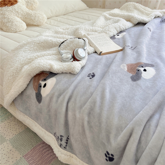 91家纺网 家纺一手货源 找家纺 葡萄家 2025新款A类ins小清新少女可爱奶油猫咪卡通加厚牛奶绒羊羔绒多功能毛毯毯子 绒毛毯-MT灰萌狗