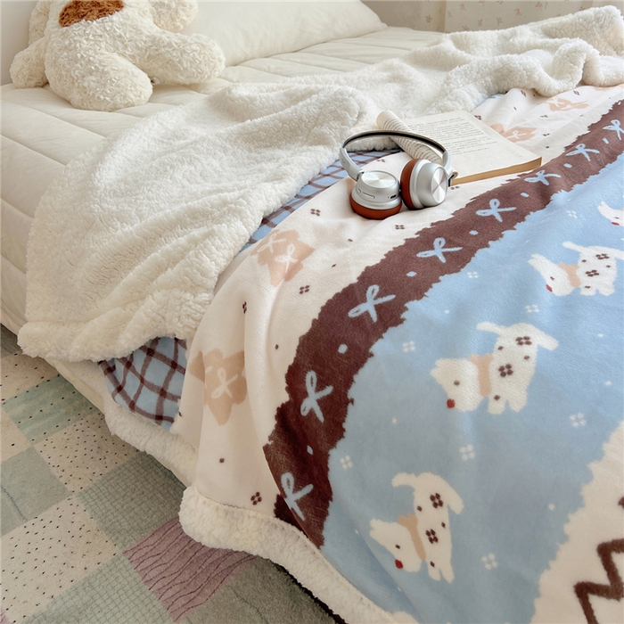 91家纺网 家纺一手货源 找家纺 葡萄家 2025新款A类ins小清新少女可爱奶油猫咪卡通加厚牛奶绒羊羔绒多功能毛毯毯子 绒毛毯-MT波西狗狗