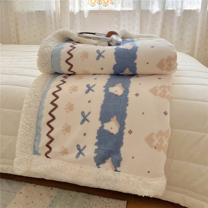 91家纺网 家纺一手货源 找家纺 葡萄家 2025新款A类ins小清新少女可爱奶油猫咪卡通加厚牛奶绒羊羔绒多功能毛毯毯子 绒毛毯-MT波西狗狗