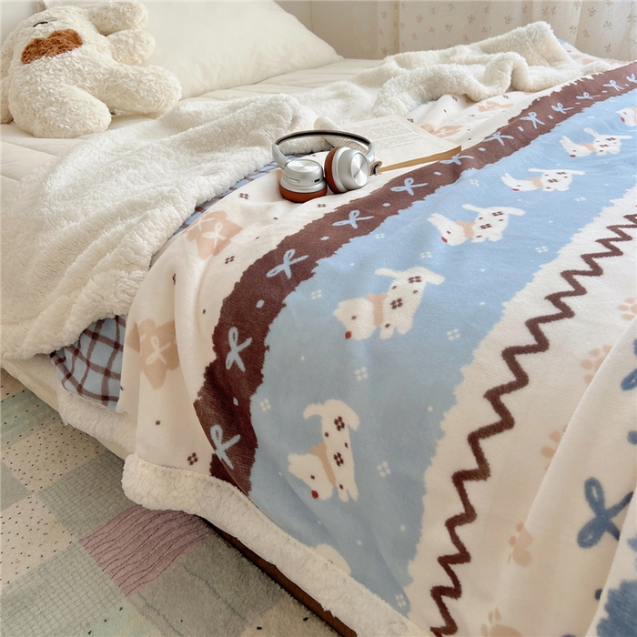 91家纺网 家纺一手货源 找家纺 葡萄家 2025新款A类ins小清新少女可爱奶油猫咪卡通加厚牛奶绒羊羔绒多功能毛毯毯子 绒毛毯-MT波西狗狗