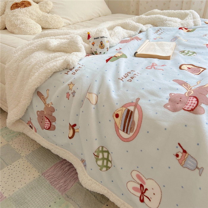 91家纺网 家纺一手货源 找家纺 葡萄家 2025新款A类ins小清新少女可爱奶油猫咪卡通加厚牛奶绒羊羔绒多功能毛毯毯子 绒毛毯-MT蓝色日记