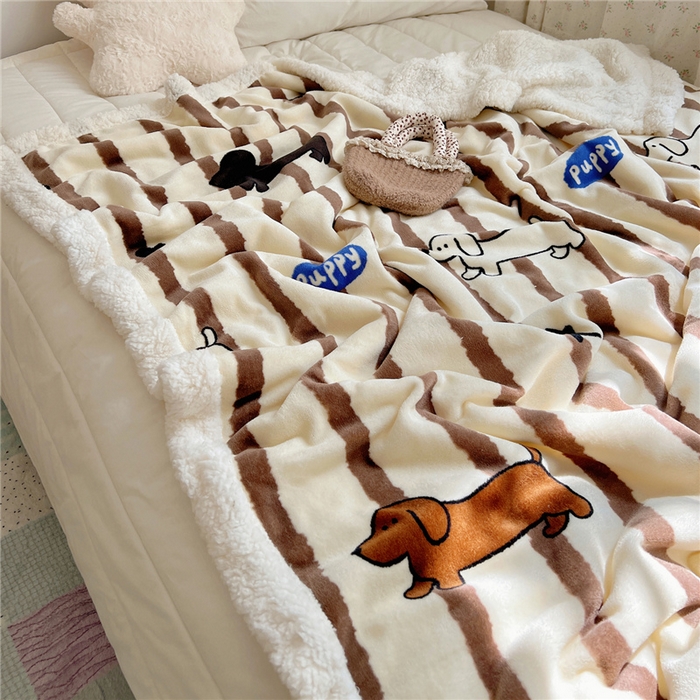 91家纺网 家纺一手货源 找家纺 葡萄家 2025新款A类ins小清新少女可爱奶油猫咪卡通加厚牛奶绒羊羔绒多功能毛毯毯子 绒毛毯-MT咖条狗狗