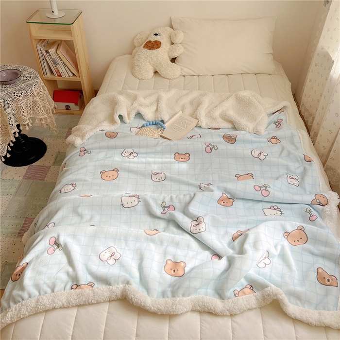 91家纺网 家纺一手货源 找家纺 葡萄家 2025新款A类ins小清新少女可爱奶油猫咪卡通加厚牛奶绒羊羔绒多功能毛毯毯子 绒毛毯-MT蓝格熊兔