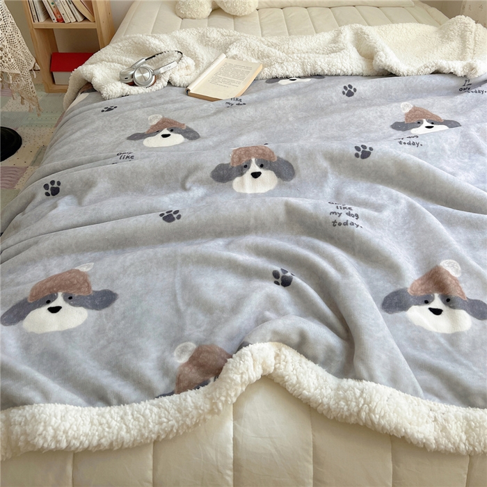 91家纺网 家纺一手货源 找家纺 葡萄家 2025新款A类ins小清新少女可爱奶油猫咪卡通加厚牛奶绒羊羔绒多功能毛毯毯子 绒毛毯-MT灰萌狗