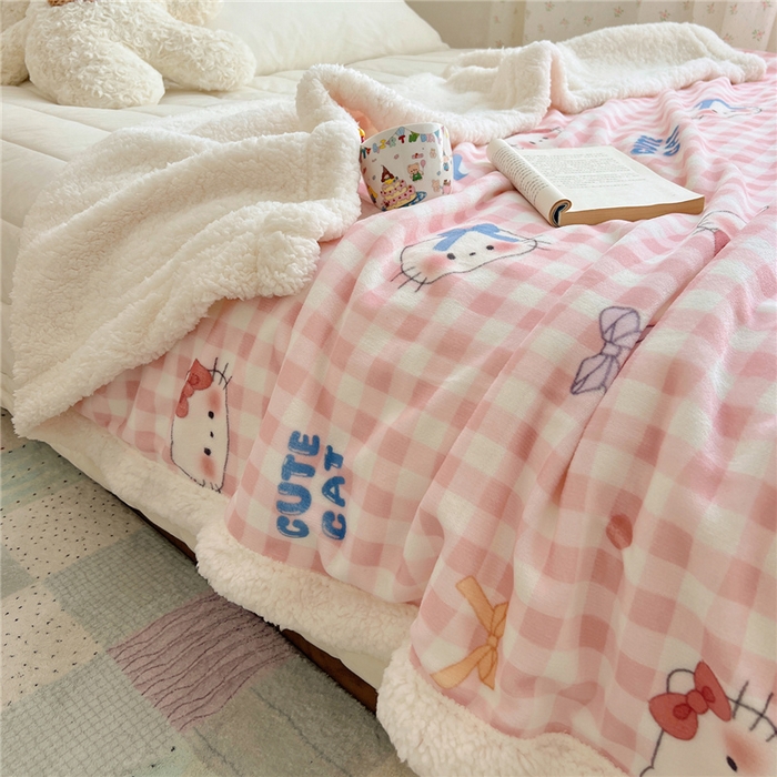 91家纺网 家纺一手货源 找家纺 葡萄家 2025新款A类ins小清新少女可爱奶油猫咪卡通加厚牛奶绒羊羔绒多功能毛毯毯子 绒毛毯-MT粉格喵喵