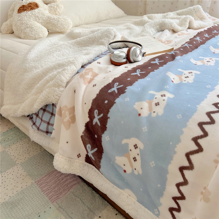 91家纺网 家纺一手货源 找家纺 葡萄家 2025新款A类ins小清新少女可爱奶油猫咪卡通加厚牛奶绒羊羔绒多功能毛毯毯子 绒毛毯-MT波西狗狗