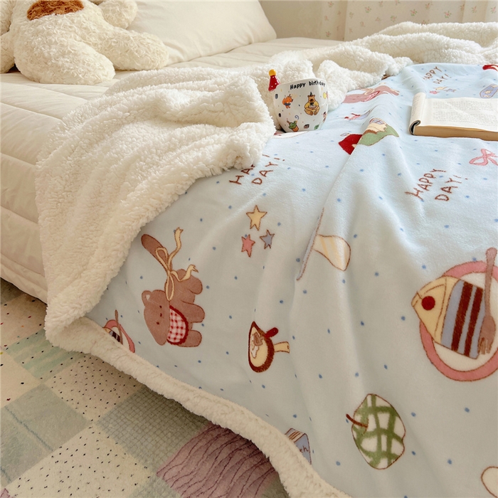 91家纺网 家纺一手货源 找家纺 葡萄家 2025新款A类ins小清新少女可爱奶油猫咪卡通加厚牛奶绒羊羔绒多功能毛毯毯子 绒毛毯-MT蓝色日记