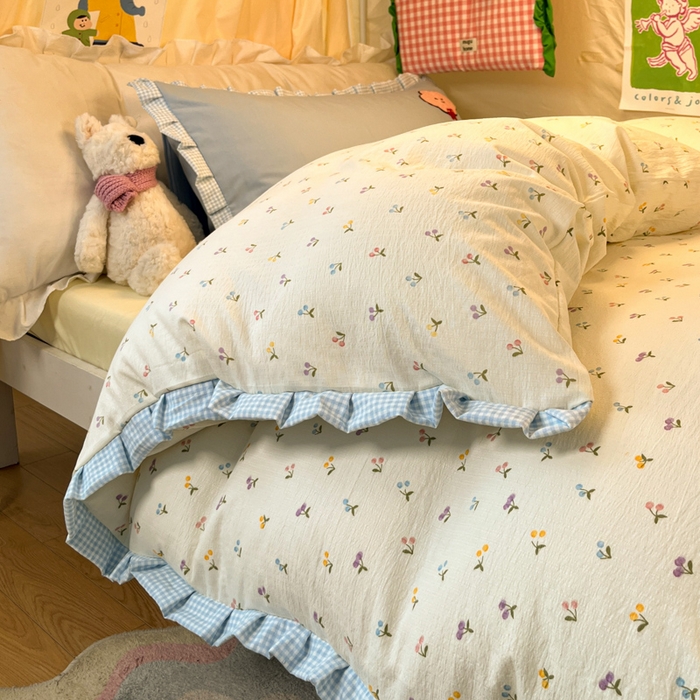 91家纺网 家纺一手货源 找家纺 （总）澜妃 2025新款学生季少女心褶皱花边毛巾绣学生宿舍三四件套上下铺三四件（小红书热款）