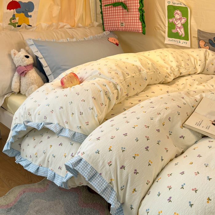 91家纺网 家纺一手货源 找家纺 （总）澜妃 2025新款学生季少女心褶皱花边毛巾绣学生宿舍三四件套上下铺三四件（小红书热款）